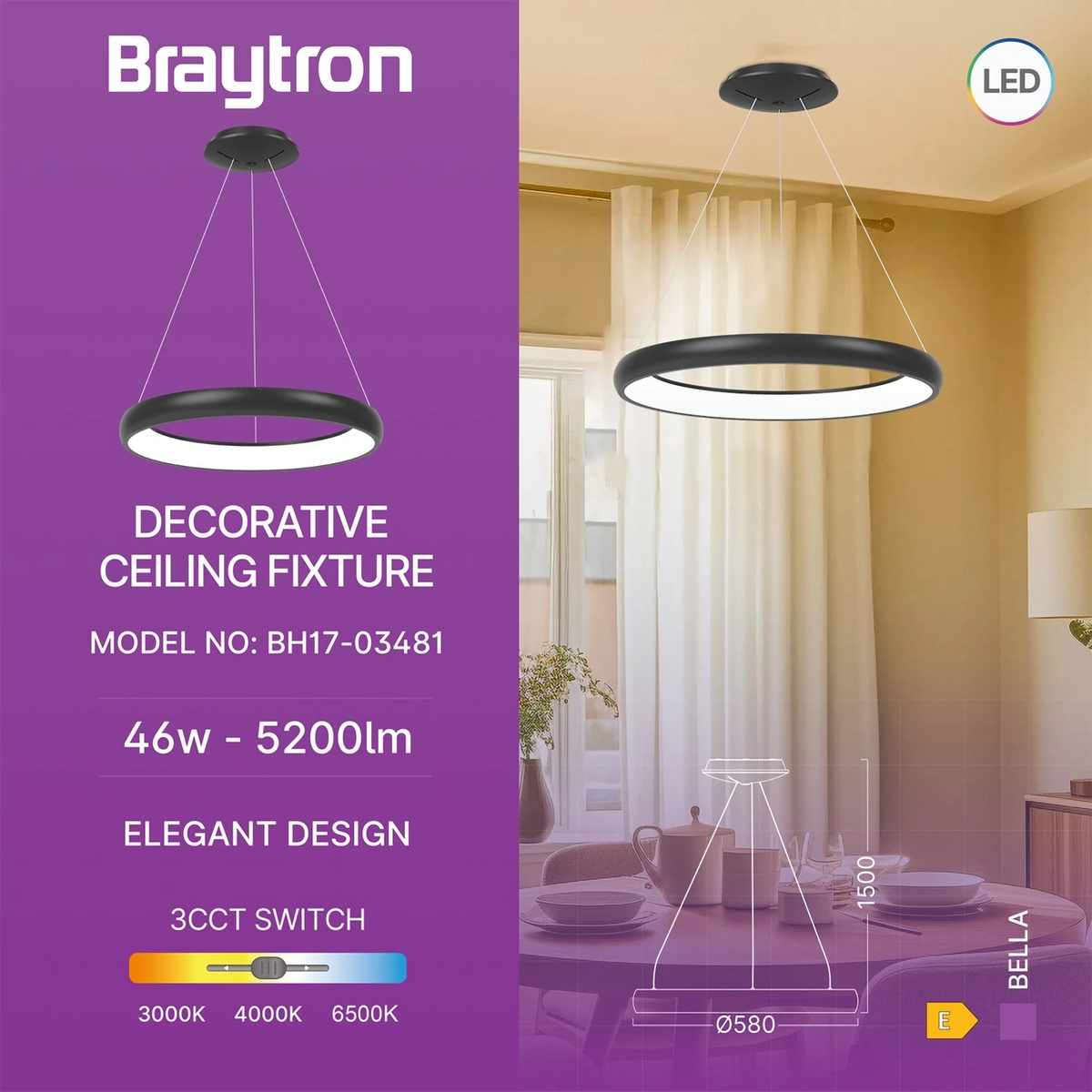 Braytron Bella Plafondlamp 46W IP20 Zwart MLP PD RND 3IN1