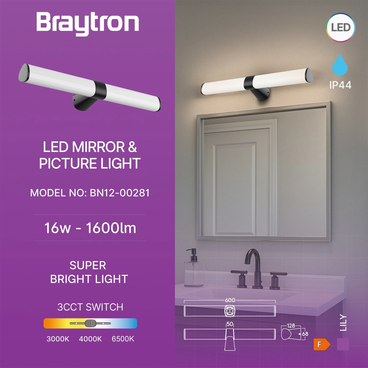 Braytron Lily Spiegellamp 16W Zwart B 600 3IN1