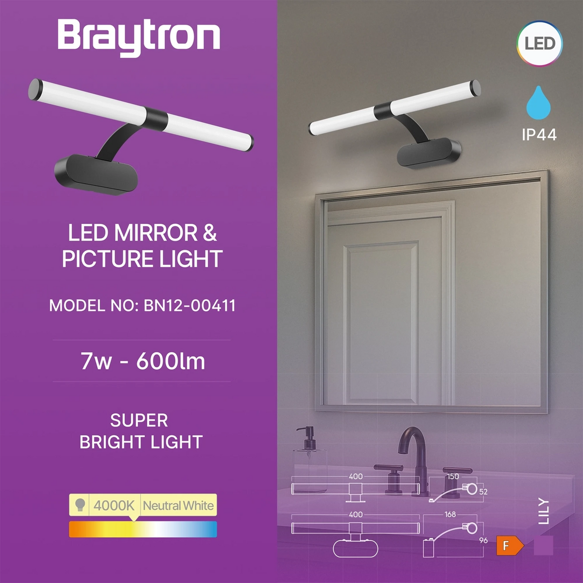 Braytron Lily Spiegellamp 7W 4000K Zwart C 400