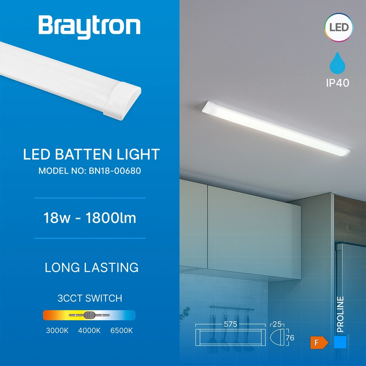 Braytron Proline LED Wandlamp 18W PS 0.6MT PLS 3IN1