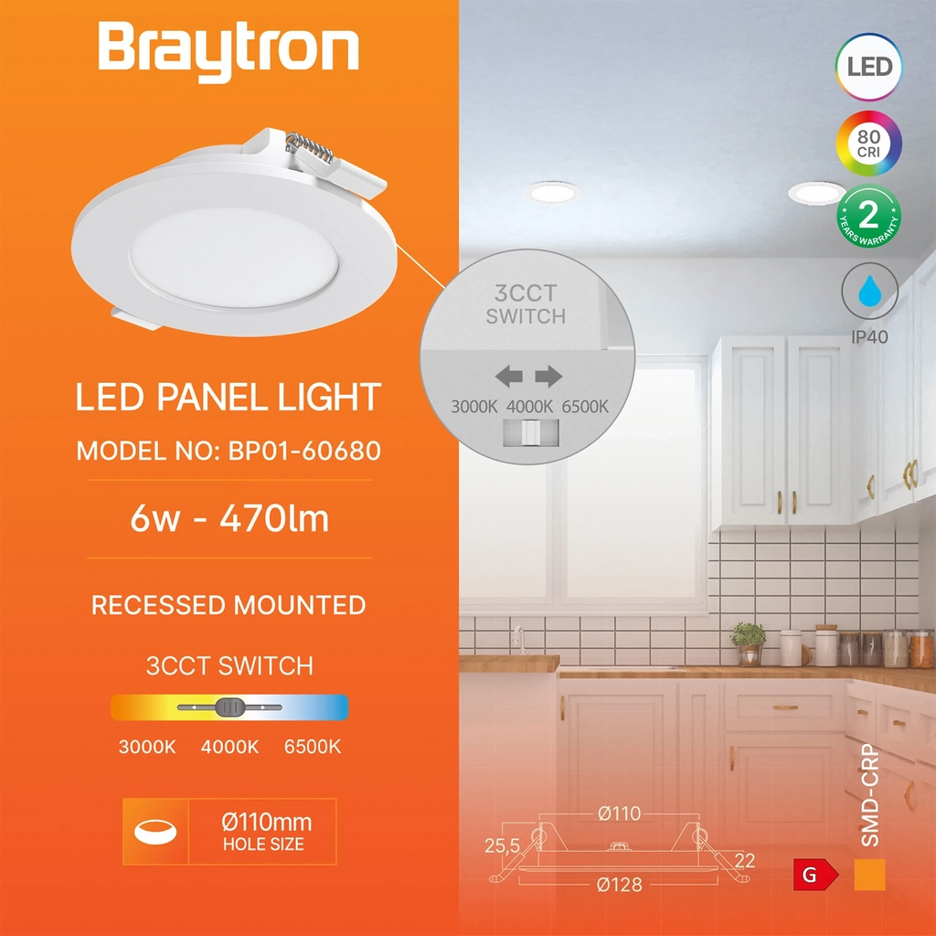 Braytron Smd LED Paneel 6W Wit CRP RND 4NC 3IN1