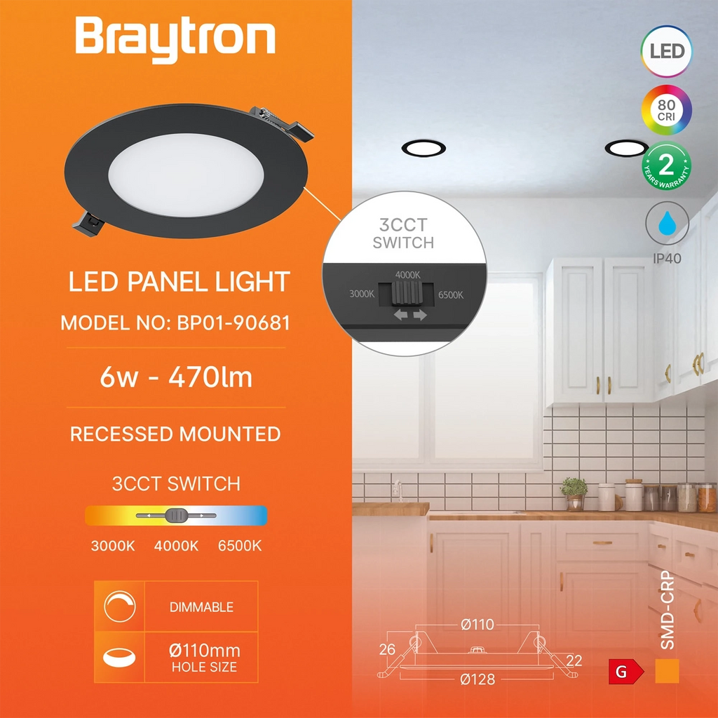 Braytron Smd LED Paneel 6W Zwart CRP RND DIM 4INC 3IN1