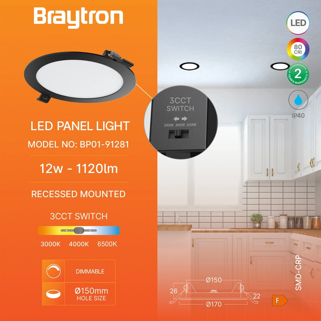 Braytron Smd LED Paneel 12W Zwart CRP RND DIM 8INC 3IN1