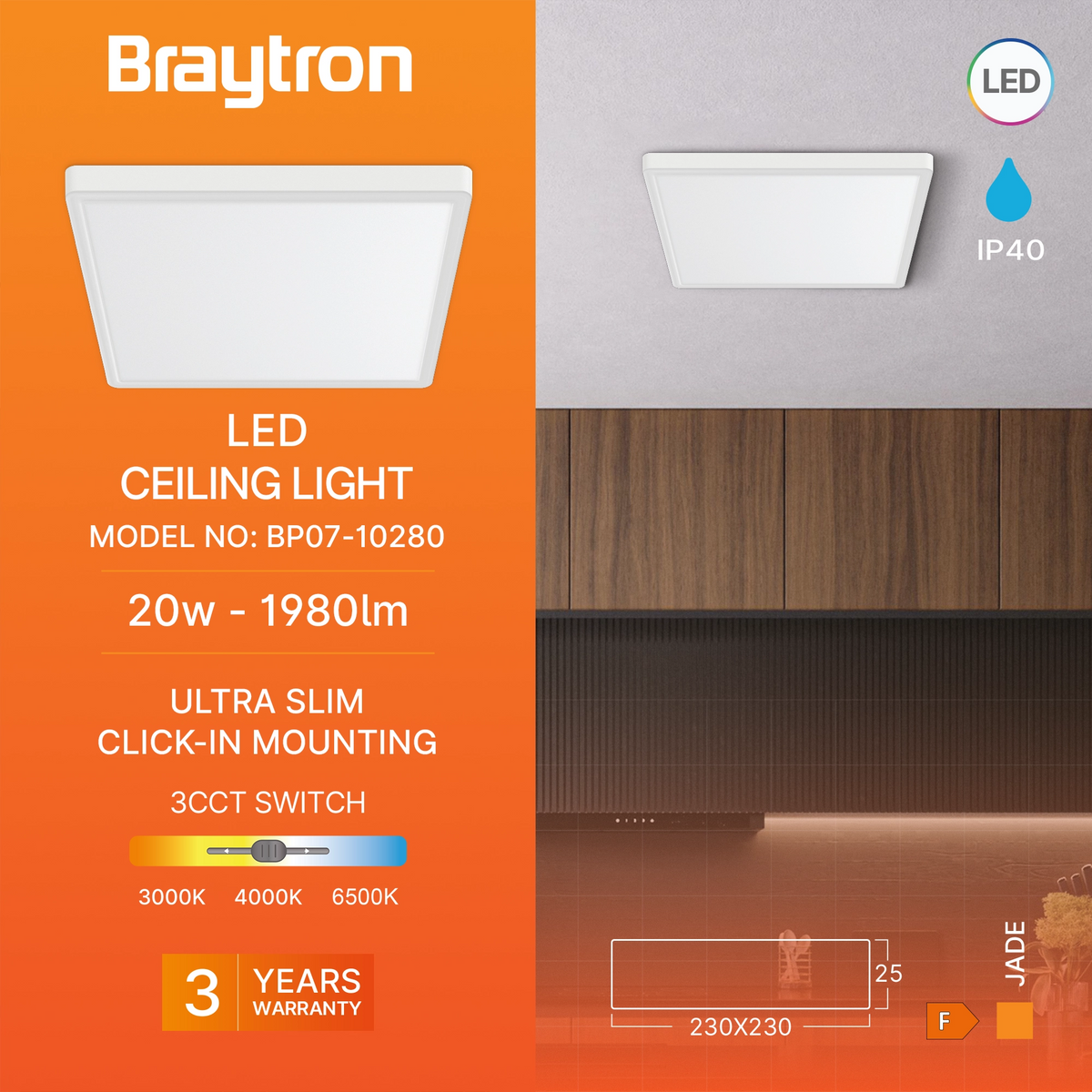 Braytron Jade Plafondlamp 20W Wit SLR SQR 3IN1