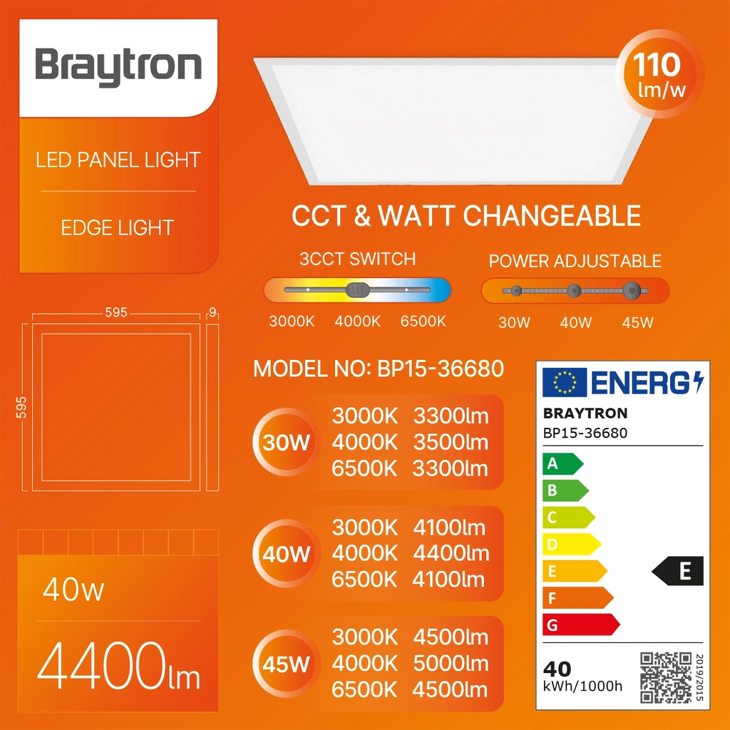 Braytron Panelled LED Paneel 40W Wit 595x595 3IN1