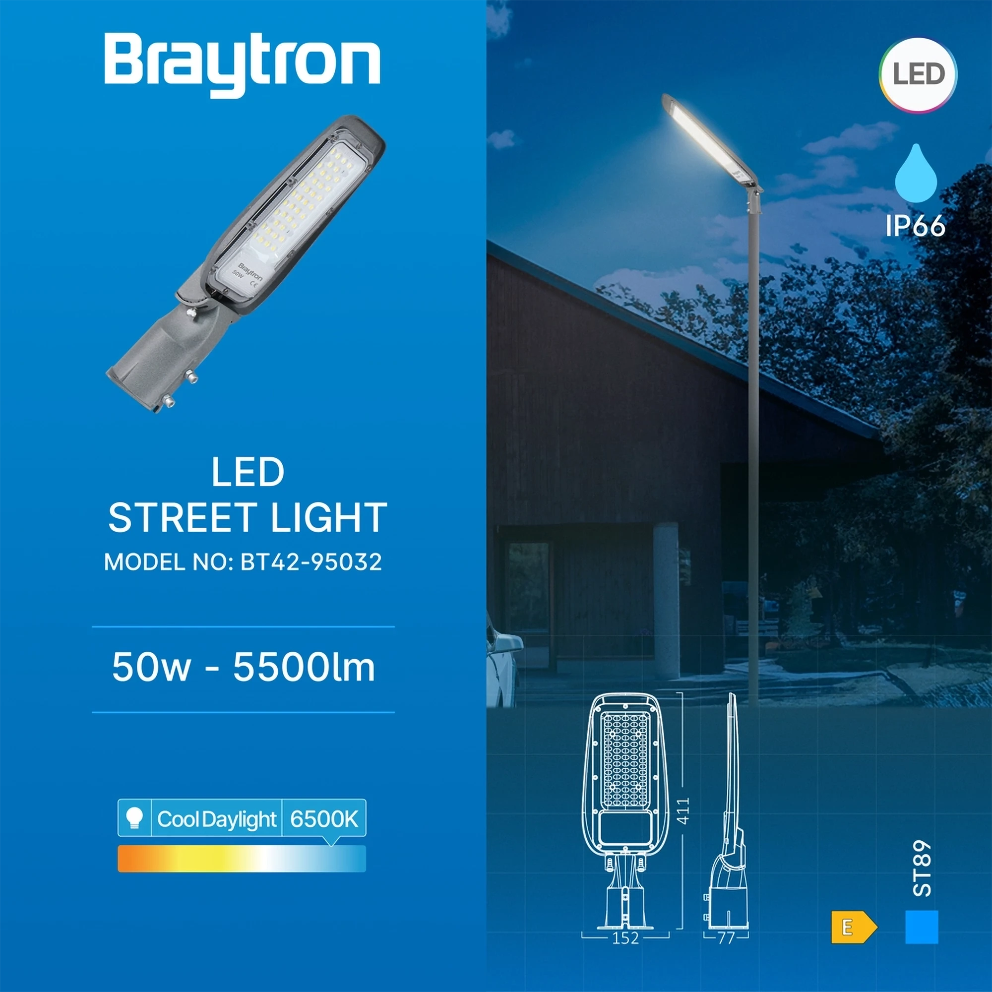 Braytron St89 Straatlamp 50W 6500K IP66 Grijs