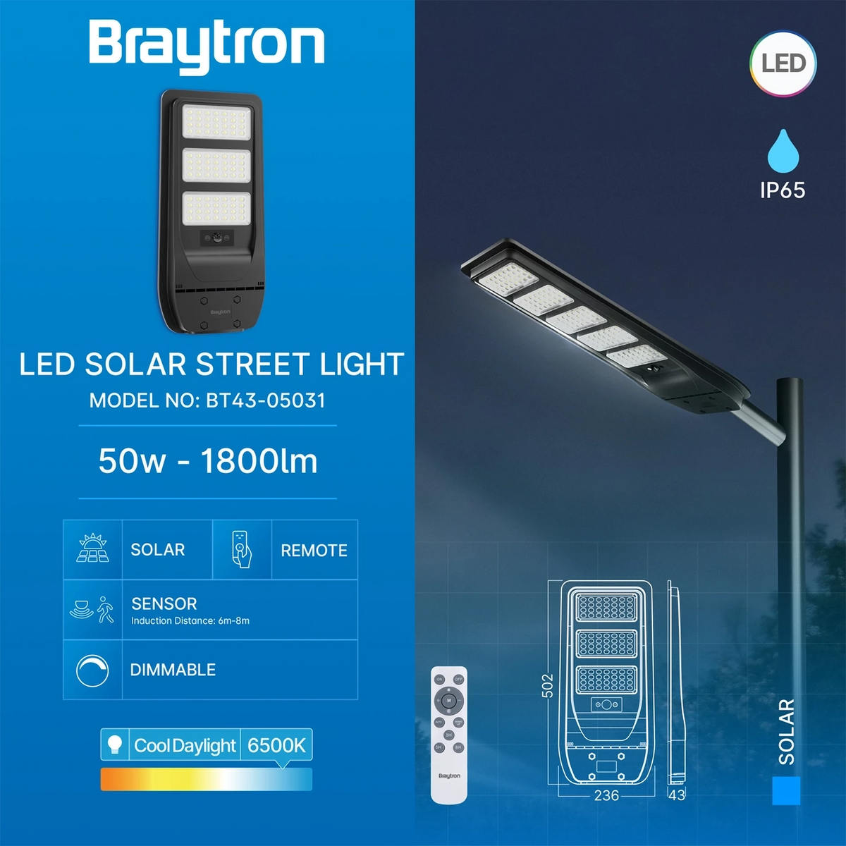 Braytron Solar Straatlamp 50W 6500K IP65 ST01 SNS