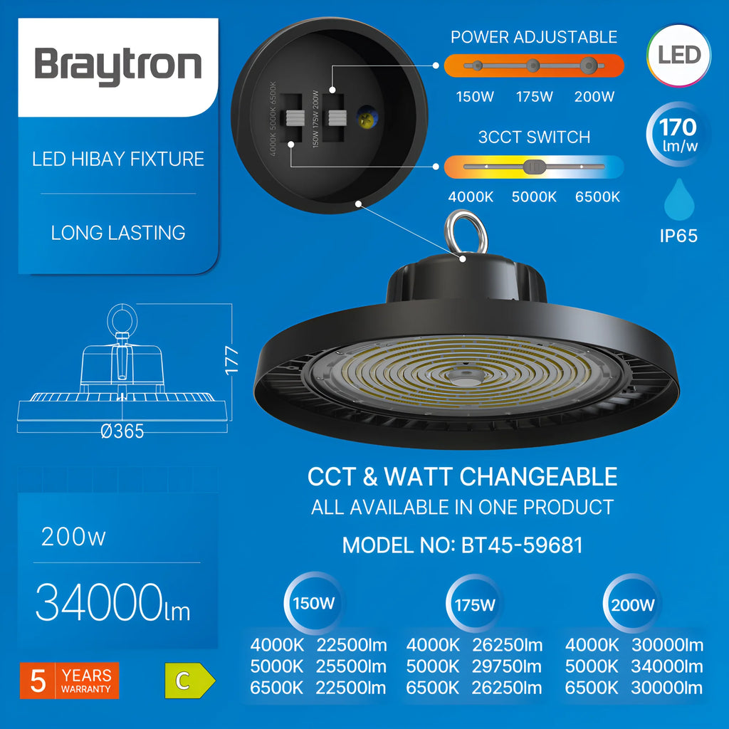 Braytron Hibay Highbay-armatuur 200W IP65 Zwart ESC 3IN1