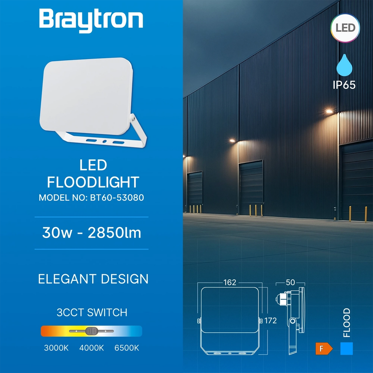 Braytron Flood LED Schijnwerper 30W IP65 Wit WF 3IN1