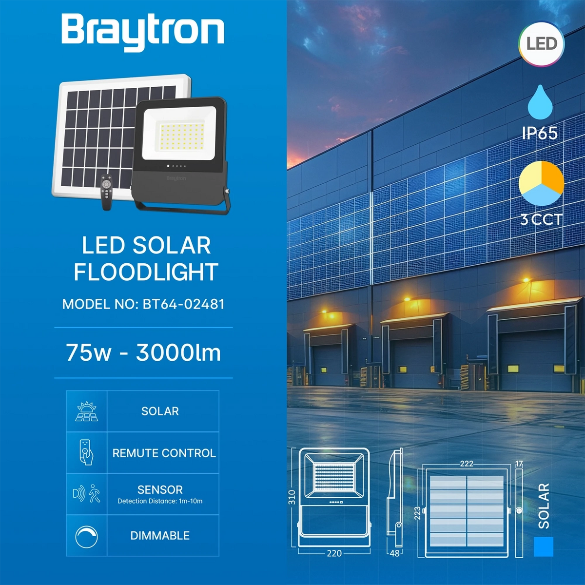 Braytron Solar Pl Solar Schijnwerper 80W IP65 3IN1 RMT