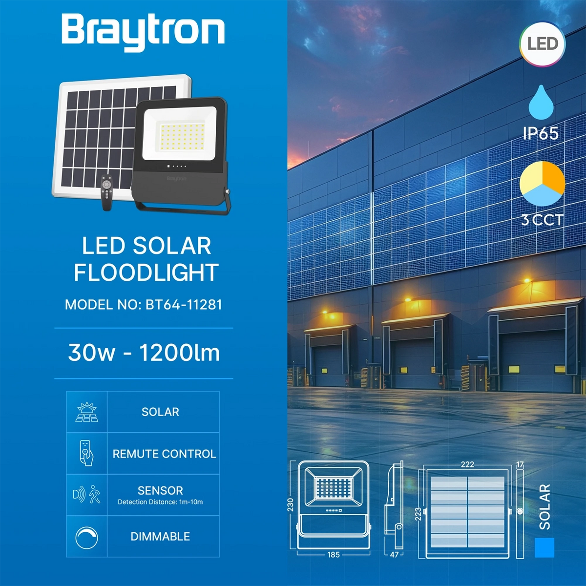 Braytron Solar Pl Solar Schijnwerper 30W IP65 3IN1 RMT