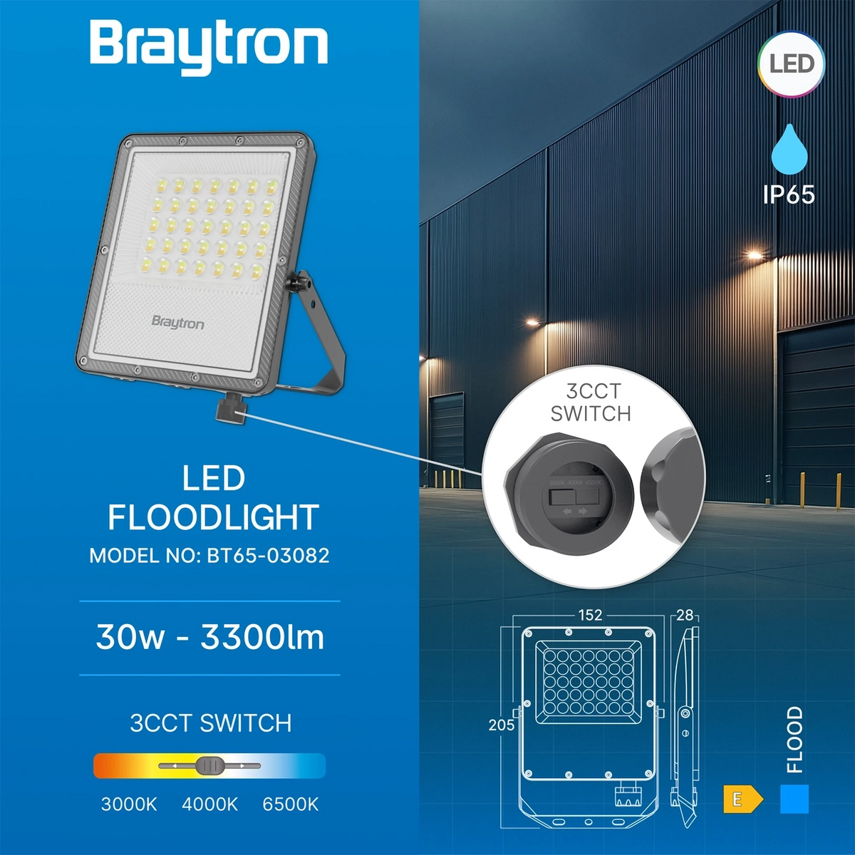 Braytron Flood LED Schijnwerper 30W IP65 Grijs PF 3IN1