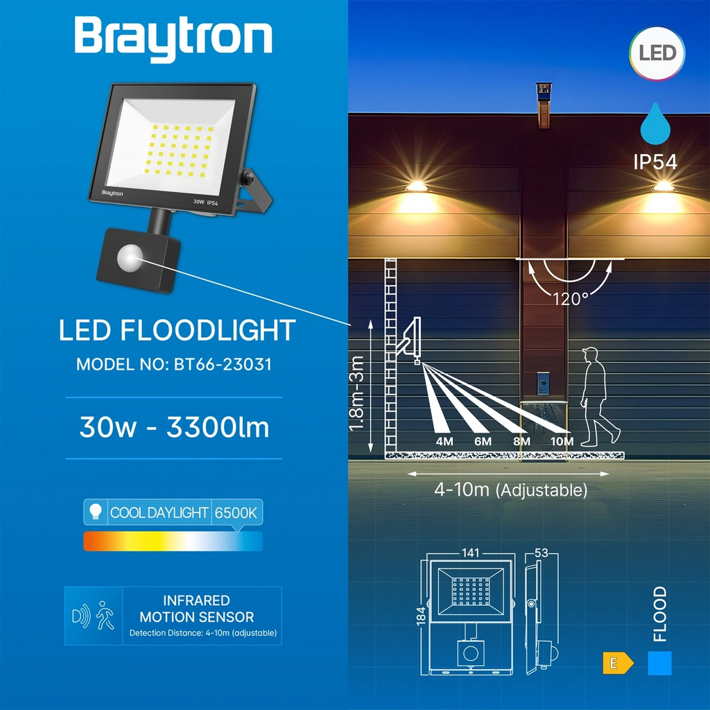 Braytron Flood LED Schijnwerper 30W 6500K IP54 Zwart CF SNS