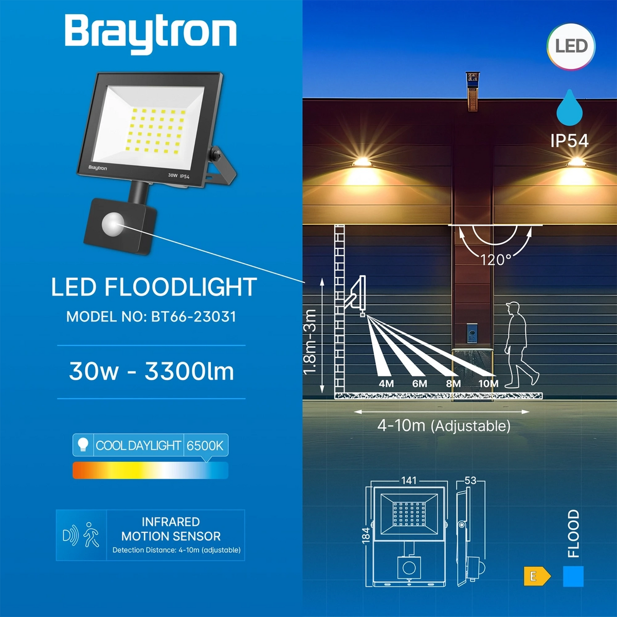 Braytron Flood LED Schijnwerper 30W 6500K IP54 Zwart CF SNS