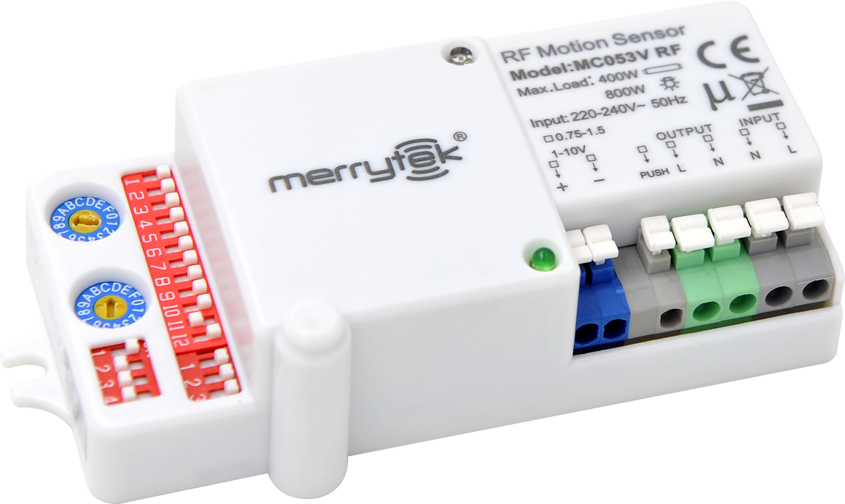 MERRYTEK magnetron bewegingssensor 8m 400/800W AAN/UIT 2-traps DIM 1-10V master voor MW05