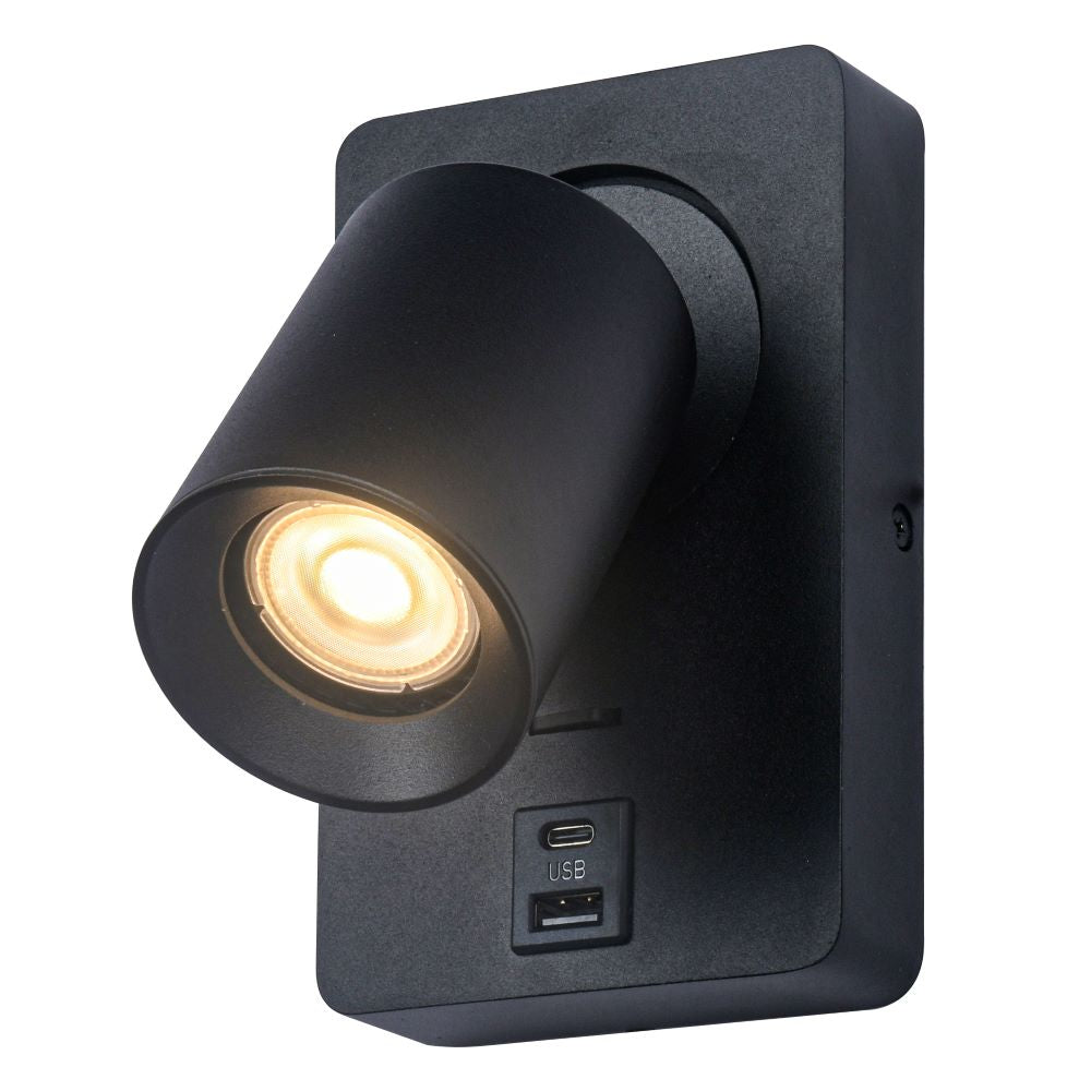 Artdelight Megano - Wandlamp - USB - Met schakelaar - Zwart